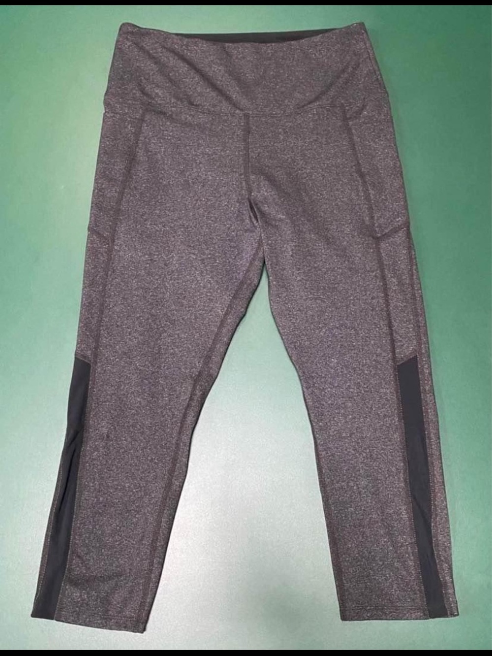Balance Collection Gray Capri Leggings with Black Mesh Panels